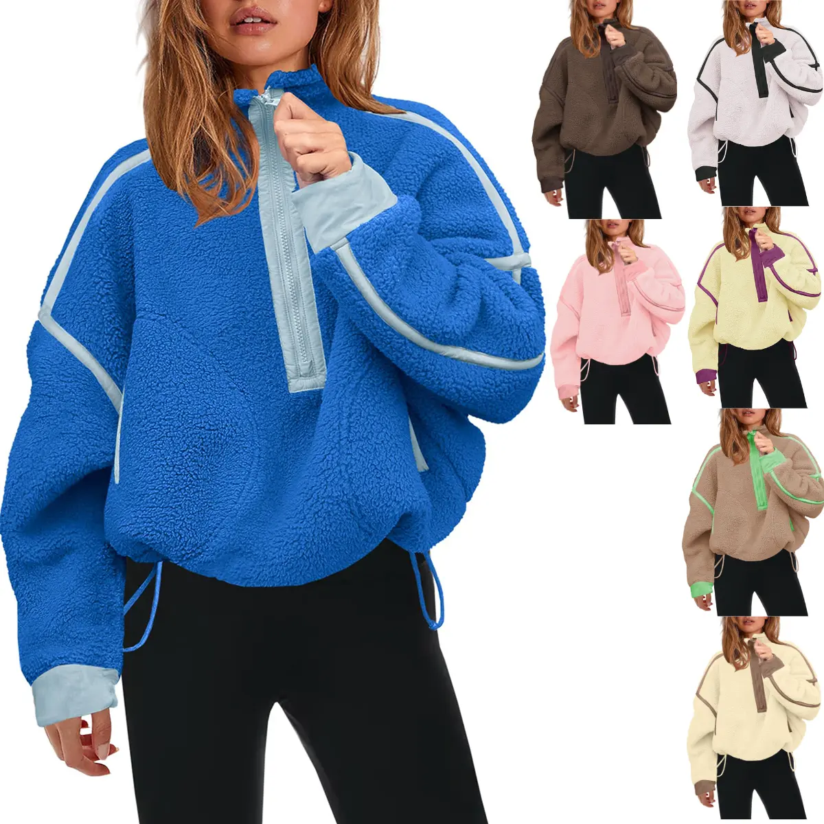 Yeokou Women's Loose Polyester Teddy Fluffy Sherpa Fleece Pullover - Soft Long-Sleeve Half-Zip Tops with Pockets, Baggy, Elevated Casual, Hoodie