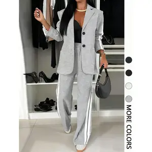 Women’s Striped Print Suit Set, Blazer Jacket & Wide-Leg Pants, Casual Fit, All-Season Wear, Regular Length