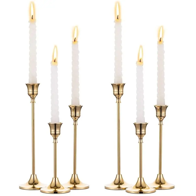 Candlestick Holders Set of 6 Vintage Modern Brass Gold Candlestick Holders for Table Mantel, Home Decor Gift, Modern Home Goods Bedroom Ornaments