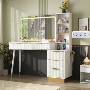 VanAcc 54" Tall Vanity Desk with 35"W x 24"H Mirror and Lights, Makeup Vanity Table with 5 Drawers, 3 Shelves and Charging Station, Glass Top Desk