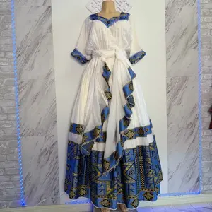 Ethiopian End Eritrean Traditional Dress with Blue and Gold Accents for Cultural Events