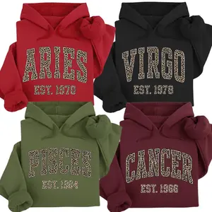 [LEAVE A NOTE OR NOT EST] Full 12 Zodiac Leopard Print Hoodie – Minimalist Astrology Sign Pullover with Optional EST Birth Year, Unisex Horoscope Streetwear Gift for Aries, Virgo, Pisces & Cancer Lovers