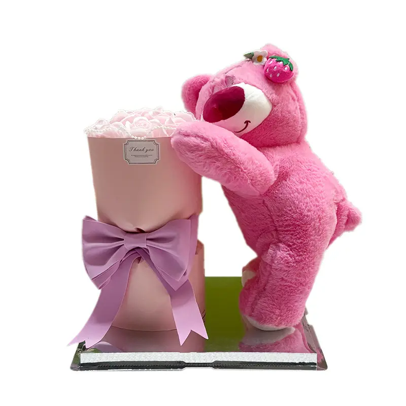 Strawberry Bear Hug Bouquet Gift Set, Perfect Birthday & Valentine's Day Present, Unique Christmas Decoration, High-End Scented Soap Flower Arrangement