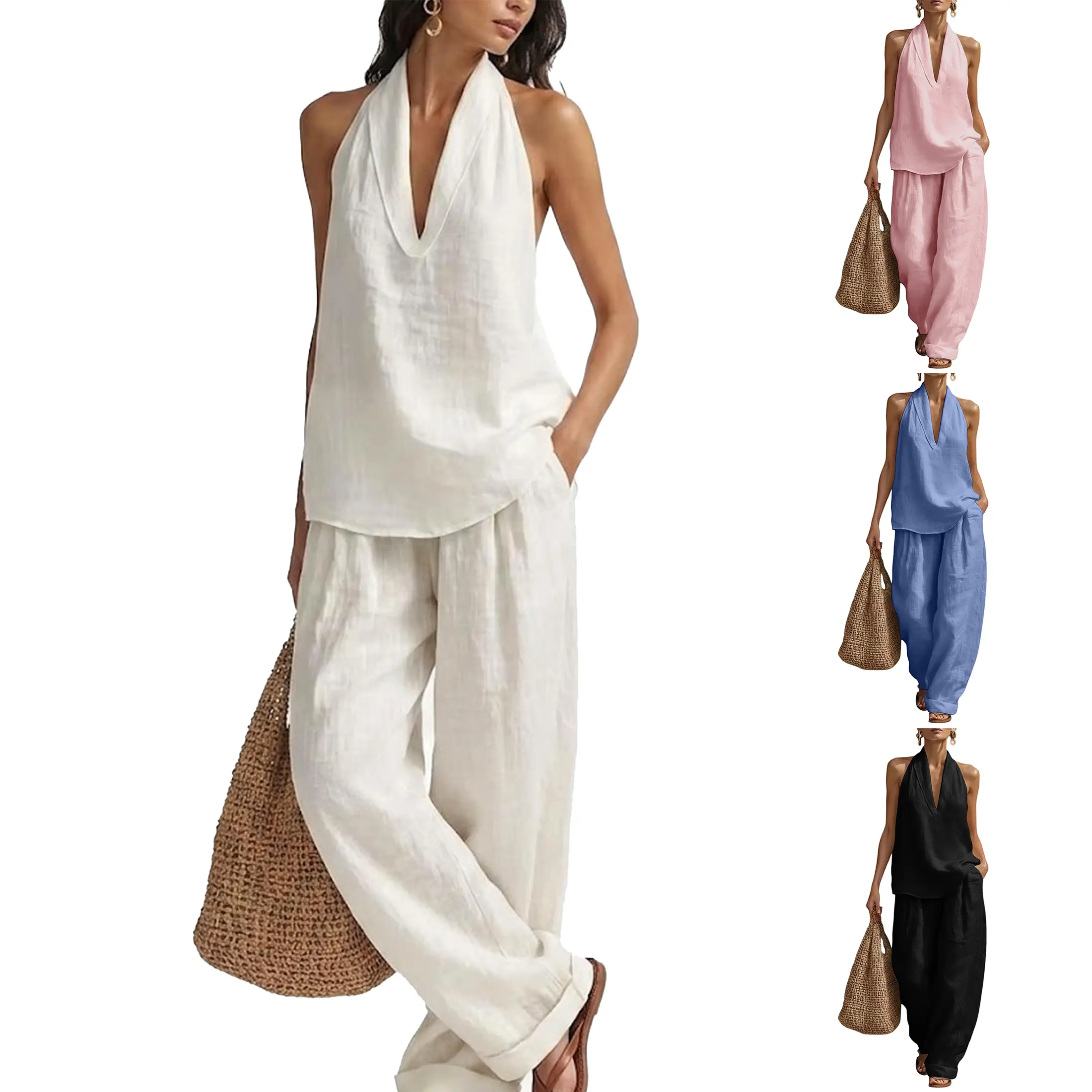 Wandal Women's Basic Minimalist  Cotton-Linen 2-Piece Matching Set, Halter V-Neck Sleeveless Top Flowy Textured Wide-Leg Pants, Breathable Clothes for Resort Beach Travel, Women's Matching Sets