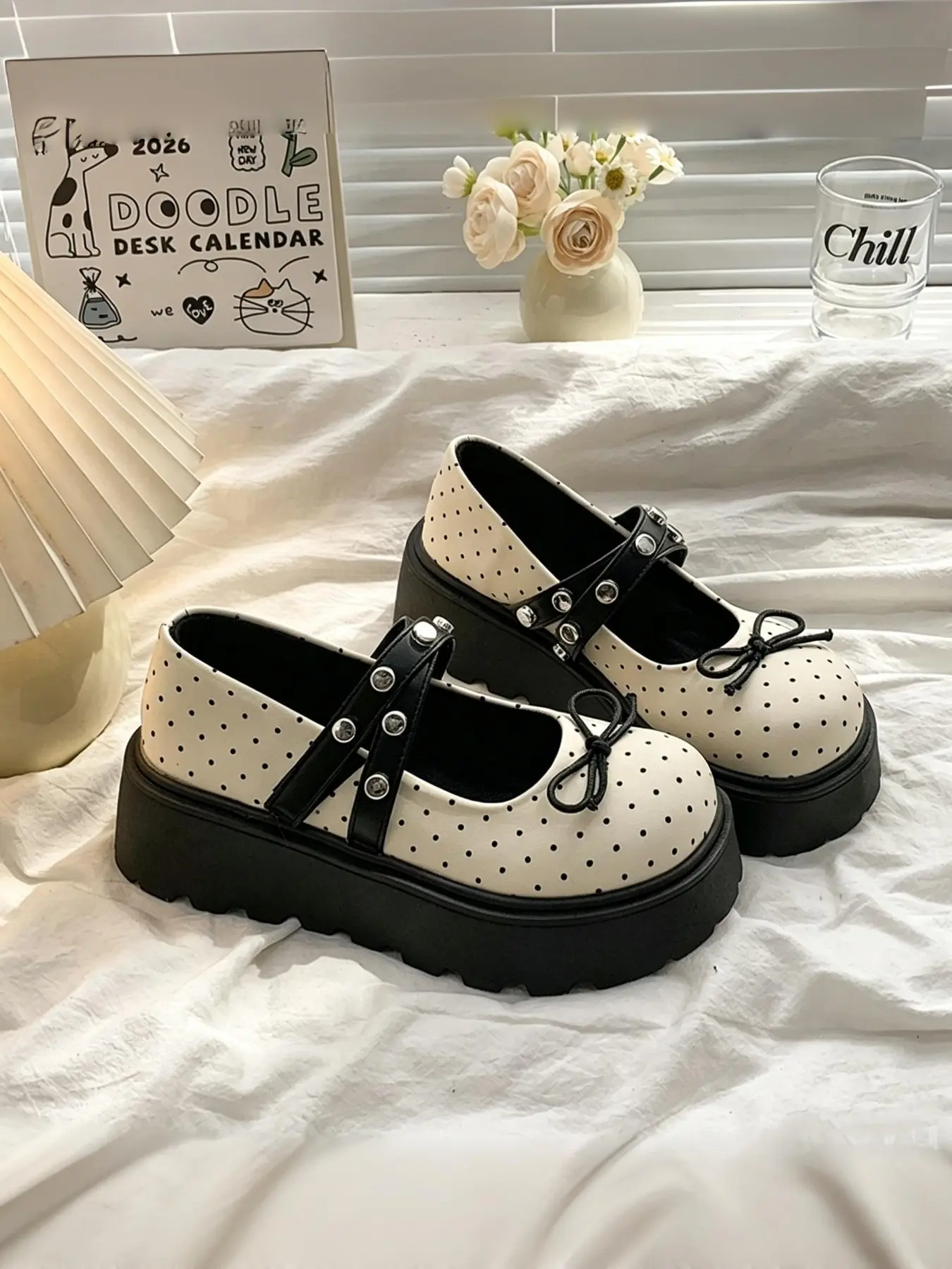 Sweet Cool Girl Polka Dot Bow Bowknot Design Classic Mary Jane Shoes, Japanese Style Jk Academy Round Toe Thick Sole Heeled Shoes, Shorter Height Boosting Single Shoe, Elegant Chic Shoes