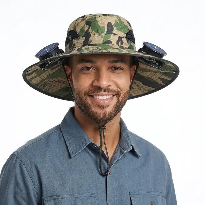 Unisex High-Quality UPF 50+ Cooling Fishing Hat - Multifunctional Solar Fisherman Cap with 2 Built-in Fans, One Size, Sun Protection for Beach, Camping