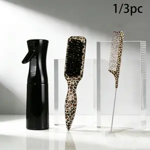 1/3PCS Leopard Print Hair Brush Set, Slick Back Hair Brush with Rat Tail Comb and Spray Bottle for Women & Men, Edge Control, Parting, Detangling, Hairline Smoothing Styling Tools for Curly Straight Hair, Curl Defining Brush, Detangling Hairbrush