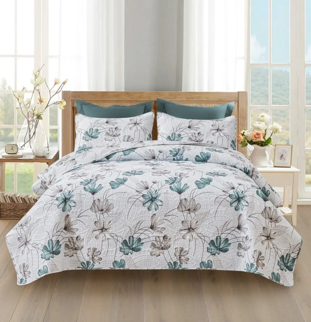 French Country Style 3-Piece Floral Embossed Microfibre Bedding Set - Durable Polyester, Lightweight Skin-Friendly Soft Quilt, 2 Pillowcases, Machine Washable Flat Weave Print, Fade Resistant, All Seasons Home Décor Bedspread, Floral Bedding, Bedding Sets