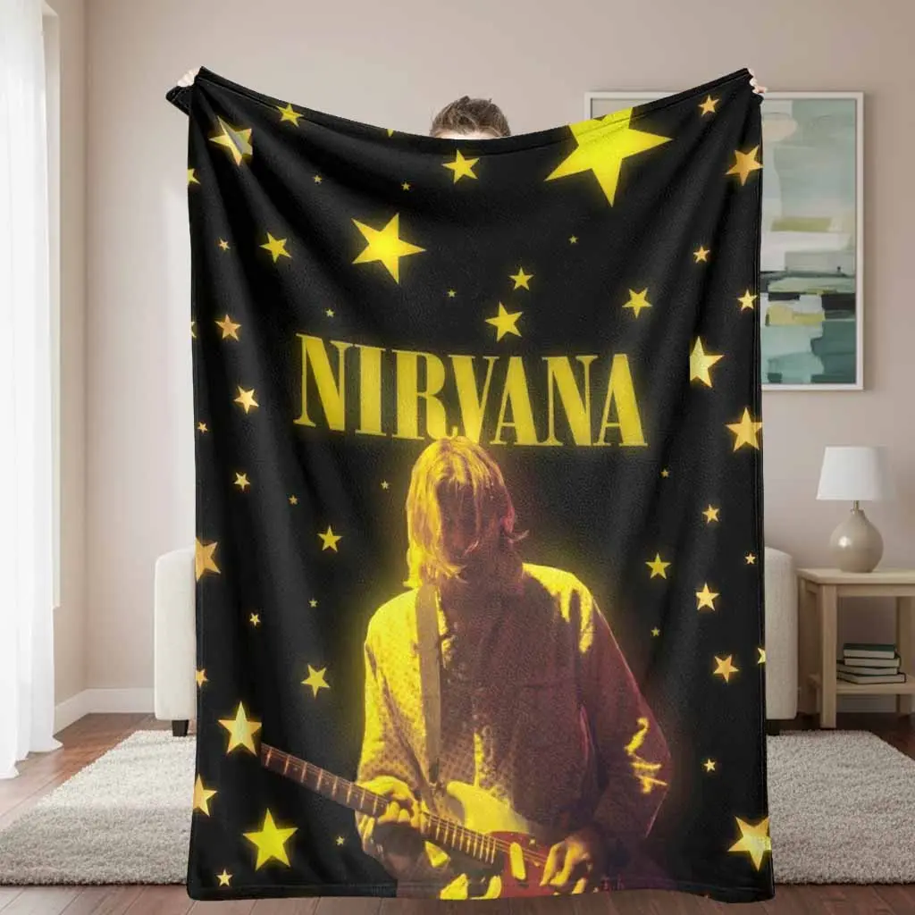 Nirvana flannel blanket Kurt Cobain star print pattern ultrasoft cozy breathable durable suitable for living room bedroom dormitory college student gift birthday gift holiday gift fan merchandise concert memorabilia.