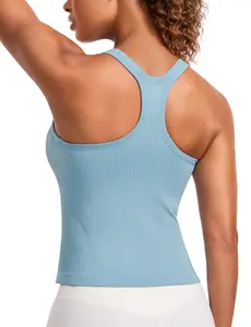 CRZ YOGA Seamless Ribbed Womens Tank Top Racerback Camisoles with Built in Bra Padded Scoop Neck Athletic Workout Slim Cami