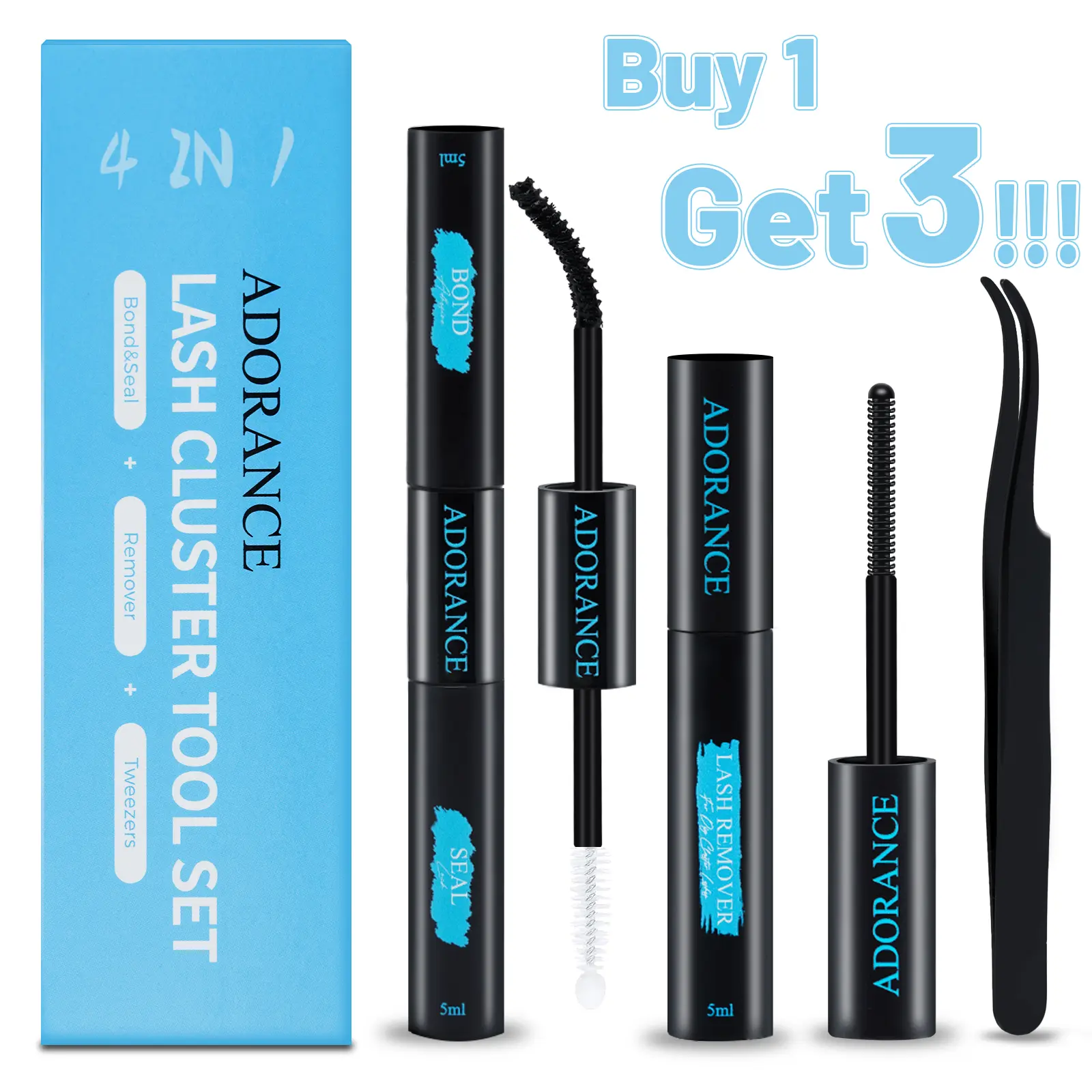 ADORANCE Lash Cluster Glue Bond and Seal Kit with Lash Glue Remover and Tweezers Long-Lasting, Waterproof For DIY Eyelash Extension At Home Use Beginners Friendly Kit 4-in-1