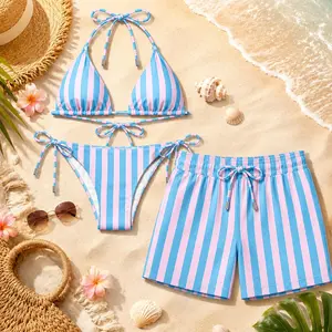 Blue Pink Striped Matching Couple Swimwear Set 2026, Bikini & Men’s Swim Shorts, Trendy Beach Vacation Outfit Gift for Couples