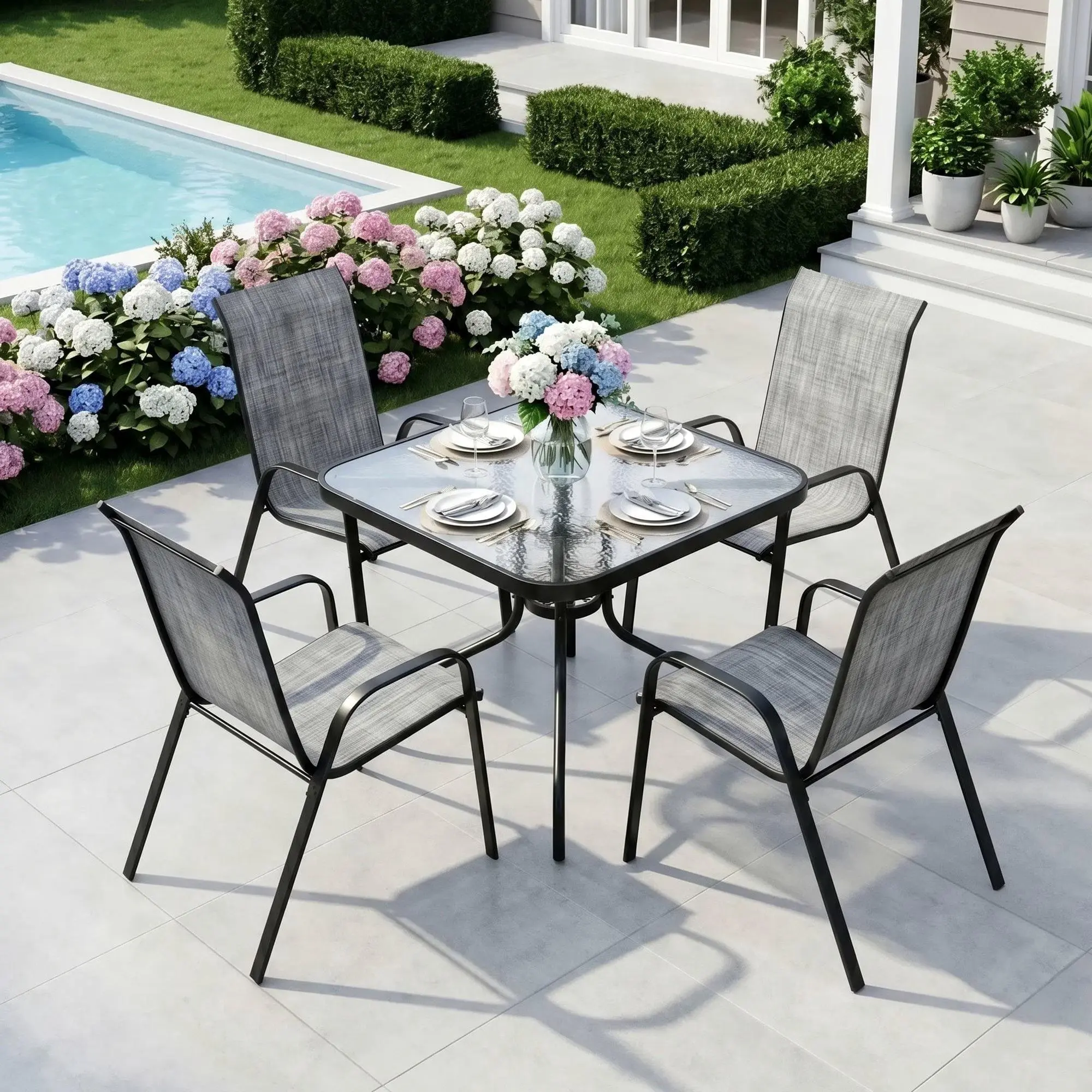 MAMIZO Outdoor Patio Dining Set 5 Pieces, All Weather Furniture glass Table and 4 Stackable PVC-coated polyester Textilene Chairs, Metal Table & Chairs for Patio Lawn Garden Poolside Backyard decor (Umbrella not Included) soft cushion tiktokshopsummersale