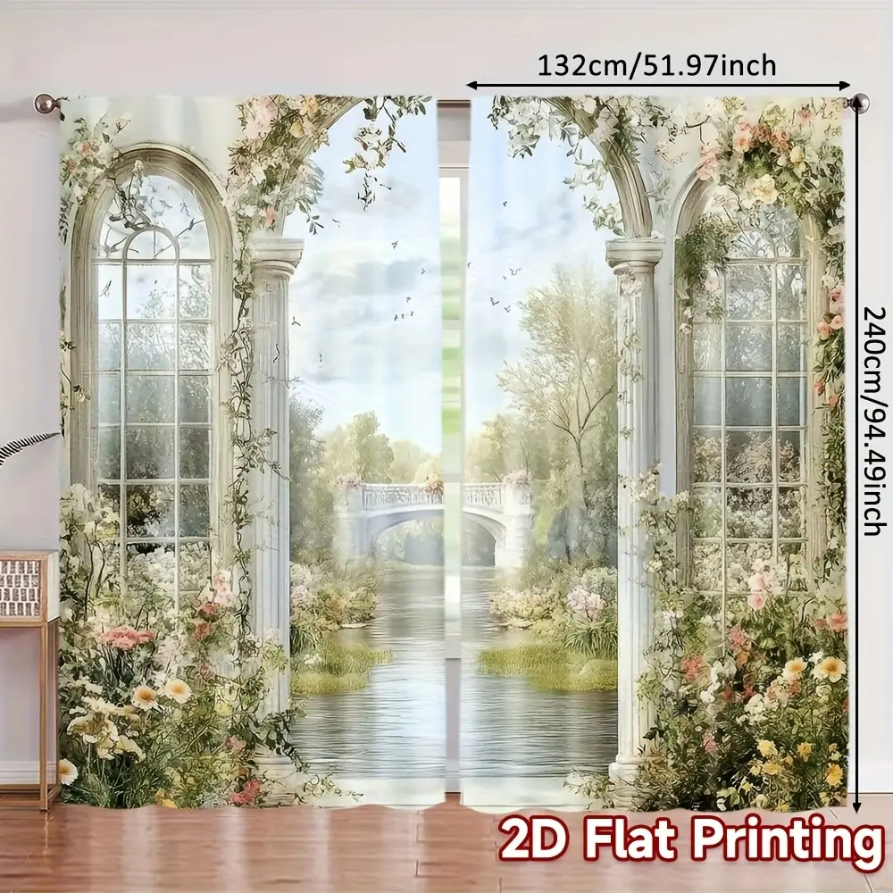 Pack of 2, 2D flat print landscape garden curtain curtain curtain, French garden style, machine washable polyester material (excluding rod, no need to move, no battery), suitable for kitchen, living room, office, bedroom and other home decoration.