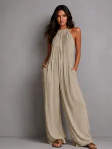 Breathable Crinkled Halter Wide Leg Jumpsuit with Pockets, Flowy Comfy Summer for Vacation Beach, Casual Daily Outing Wear