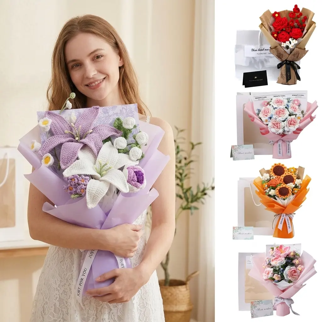 Kedomiu Handmade Crochet Flower Bouquet - Faux Artificial Flowers, Fake Rose & Lily Arrangement, with Greeting Card & Gift Bag, Romantic Girlfriend Gifts, Rose Party Presents for Mother's Day, Fake Bouquet, Bouquet Flowers, Romantic Gifts For Girlfriend