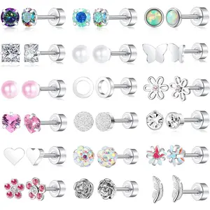 18 Pairs G23 Titanium Surgical Steel Stud Earrings for Women Men Star Leaf Opal CZ 20G Screw Flat Back Earrings Hypoallergenic Fashion Jewelry Accessories