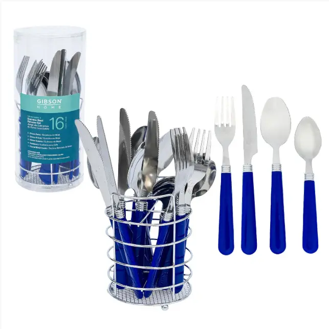Gibson Home Sensations 16 Piece Stainless Steel Flatware Set with Wire Caddy Blue Ergonomic Handles Dishwasher Safe for Kids
