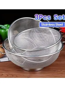 3pcs Stainless Steel Strainer Set With Handle Fine Mesh Metal Screen For Pasta, Vegetables, Rice, Fruits And Food Kitchen Sprayer, Strainer Basket Kitchen Rice Wash Dish Bowl, Kitchen Supplies