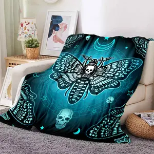 Gothic Death Moth & Skull Flannel Blanket, Ultra-Soft Plush Throw with Crescent Moon & Star Print, Cozy Warm Fleece Blanket for Couch Bed Sofa, Perfect Mystic Home Decor & Gift for Dark Aesthetic Lovers, All-Season Comfort