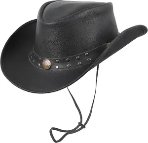 Western Rodeo Style Black Leather Cowboy Hat Premium Wide Brim Outback Hat for Men's and Women's