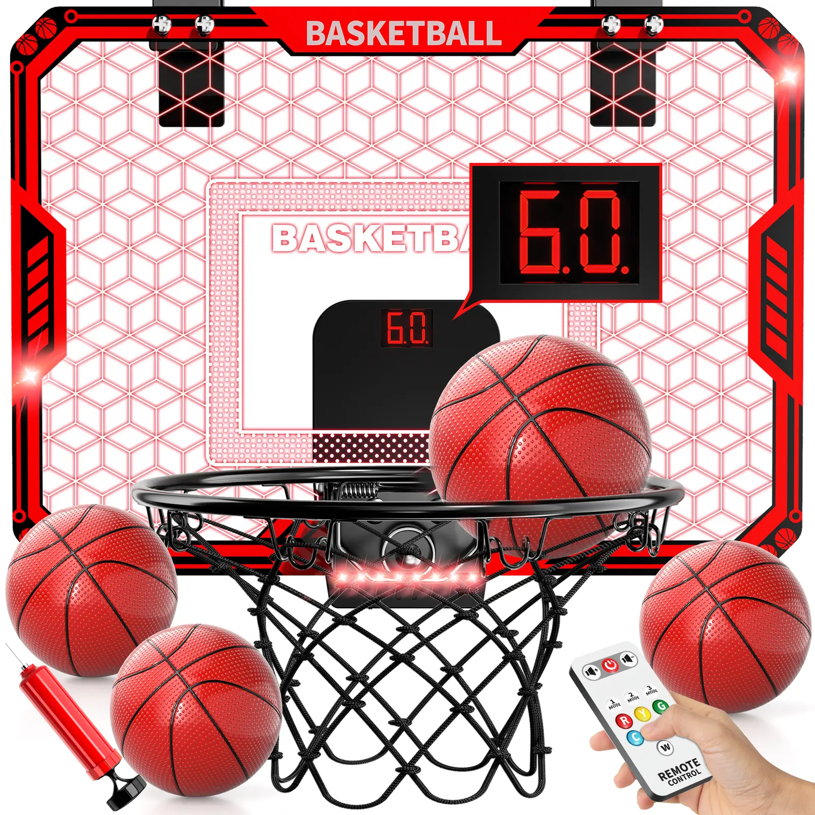 Indoor Basketball Hoop Set with 4 Balls,Automatically Score and RC LED,Suitable for home, bedroom, indoor amusement park,Brithday/Christmas Gift Toy Indoor Mini portable basketball