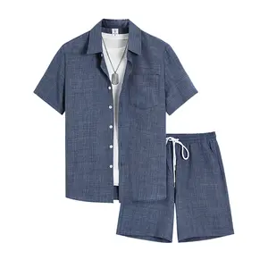 Men’s casual fashion versatile set: summer wrinkle-resistant quick-dry notched lapel short-sleeve button-front shirt with drawstring side pocket shorts, slim fit with a drapey feel, two-piece commuter set #SummerWins #fathersdaygift