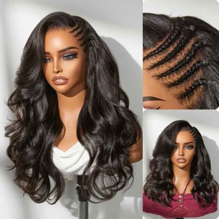 LUVME Glueless 13x6 HD Frontal Lace Human Hair Wig - Side Braided Yaki Body Wave, Invisible Drawstring Cap, Flexi-Fit Design, Lace Closure Wig