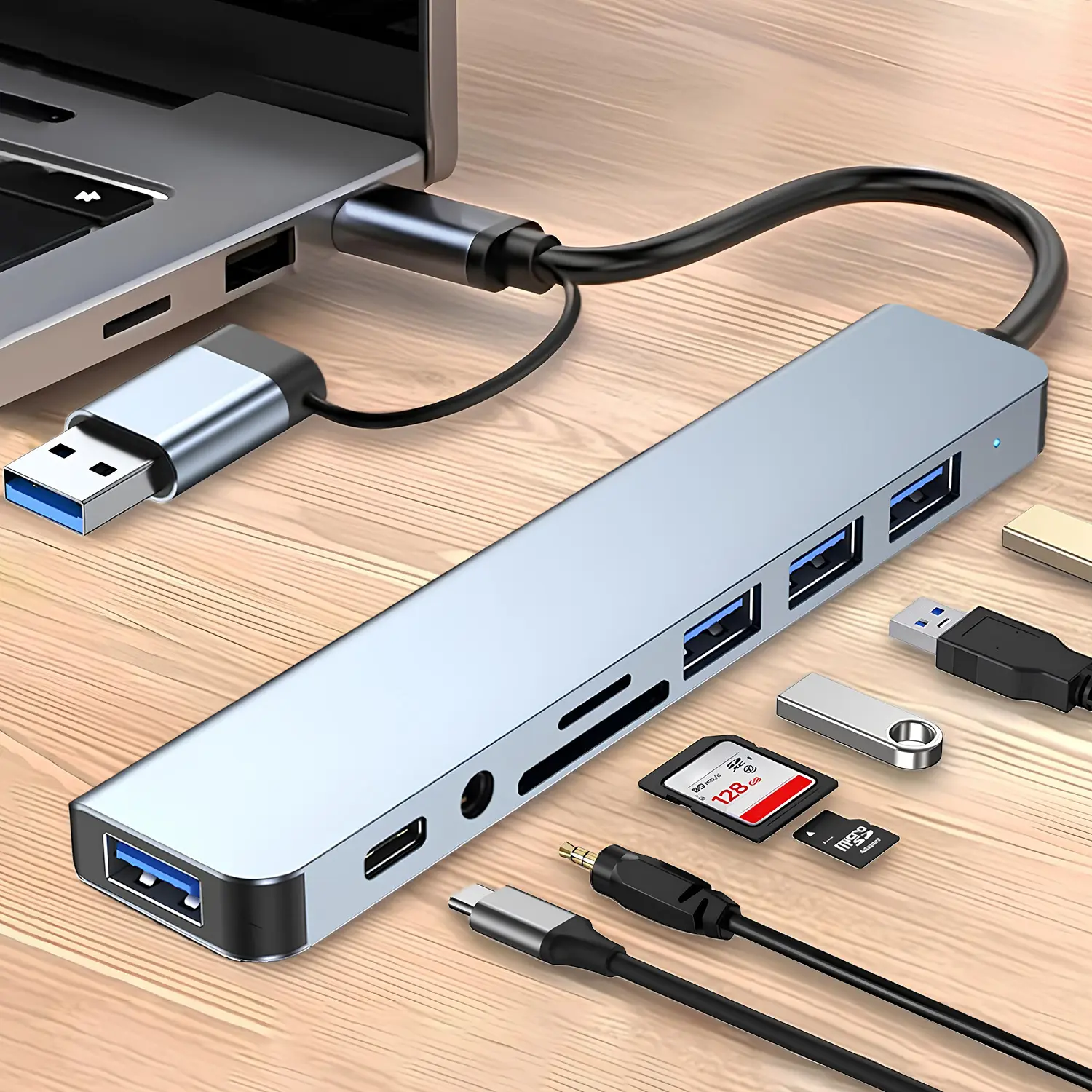 USB C Hub USB Splitter 8-in-1 USB Extender with 4 USB Port 1 USBC Jack TF/SD Card Reader 3.5mm Audio Output for MacBook Pro/iPad Pro/iPhone 17/16/15/Laptop/Galaxy Phones/More