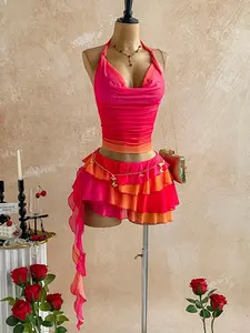 2026 Summer New Women's 2-Piece Sexy Vacation Style Gradient Cami Top & Ruffle Skirt Set, Fitted All-Over Print, Casual Party