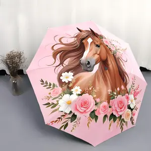1PC Personalized Folding Umbrella with a Horse Surrounded by Flowers on Top and Around, Printed Design Rain Umbrella, Suitable as a Birthday Gift, for Various Holidays, Travel, and Gifting