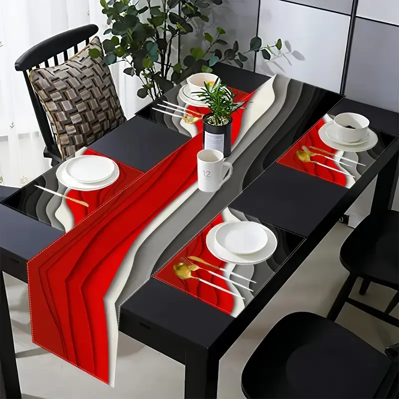 5-piece/7-piece table flag and placemat set, gradient geometric red gray black striped modern abstract art cotton linen table mat, kitchen and dining table insulation mat, coffee table mat, living room decorative tablecloth, Table placemats