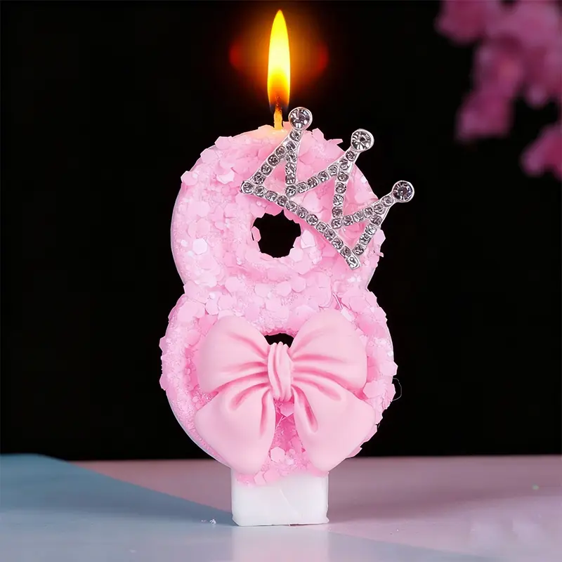 1pcs Sparkling pink birthday candles with rhinestone crowns and pink bows - glittery birthday and anniversary party decorations, DIY Friendly festive girl candles, Cake Decorations, Cake decoration supplies
