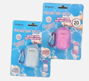 Pack of 2 - Biopure Portable Soap Sheets Scented Pocket Size Case & Keychain (20 sheets each), Instant soap, 1 wash per sheet, just add water, fresh scented, pocked size, portable soap sheets, perfect for on the go, wash hands ASSORTED COLORS