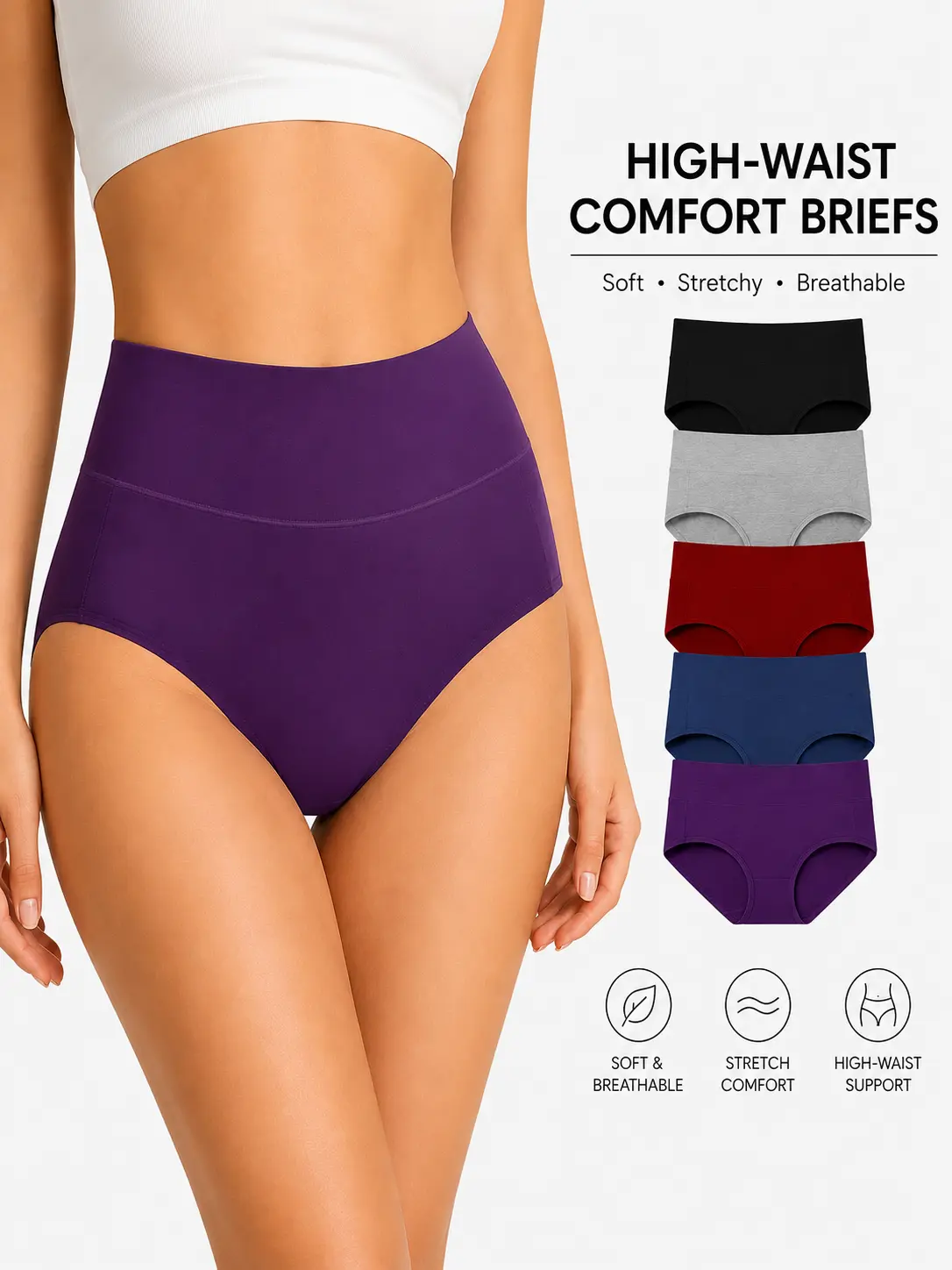 Women's 5-Pack Basic High-Waist Cotton Panties - Multicolor, Soft Seamless Stretch Fabric, Full Coverage, No Roll-Down Fit for Everyday Daily Wear