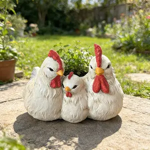1pc Resin Chicken Family Planter | Hand-Painted White Rooster Hen Chick Flower Pot, Planter Pots, Outdoor Planters, Decorative Plant Container for Outdoor Garden Yard Patio Lawn Ornament, Lightweight, Classic Style with Flower Pattern