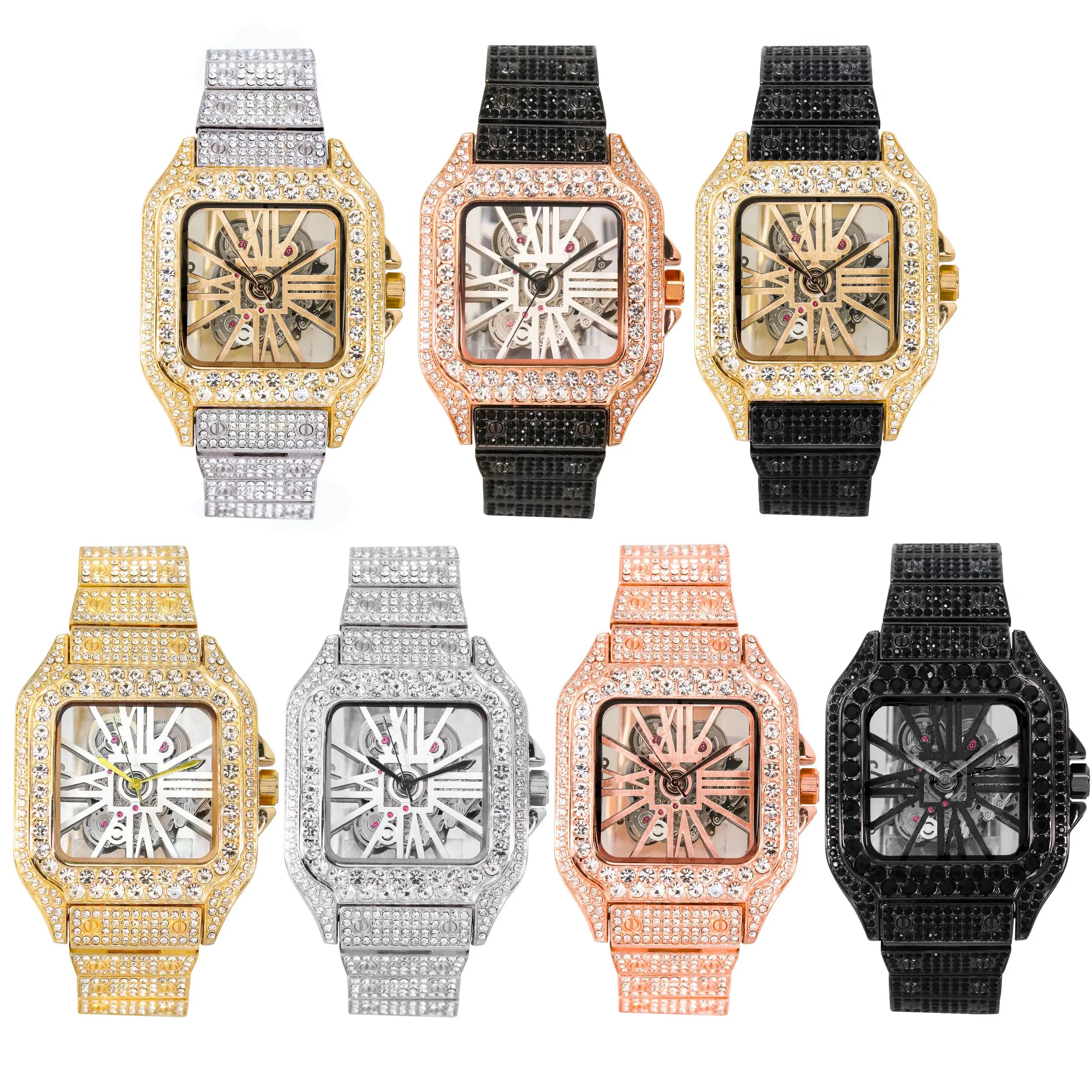 MaxBling81 Men's Fully Iced Out Square Metal Watch - VVS Diamond Simulant, 40mm Rectangle Skeleton Dial, Blinged-Out Quartz Movement, Adjustable Links, Removable Band, Deployment Clasp, Multi-Color Crystal-Embellished Luxury Analog Wristwatch, Vvs Diamond
