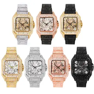MEN'S WRISTWATCH FULLY ICED BAND LUXURY WATCH SIMULATED DIAMOND SKELECTON DIAL SQUARE BLING REMOVABLE LINKS