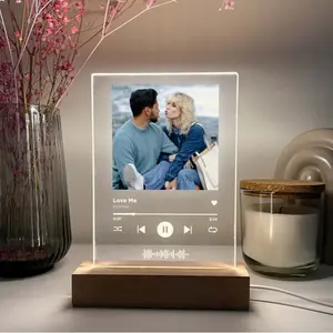 Custom Photo Song Plaque with Scan Code – Personalized Music Album Cover Frame with LED Wood Stand – Anniversary, Wedding, Valentine’s Gift for Couple, Girlfriend, Boyfriend