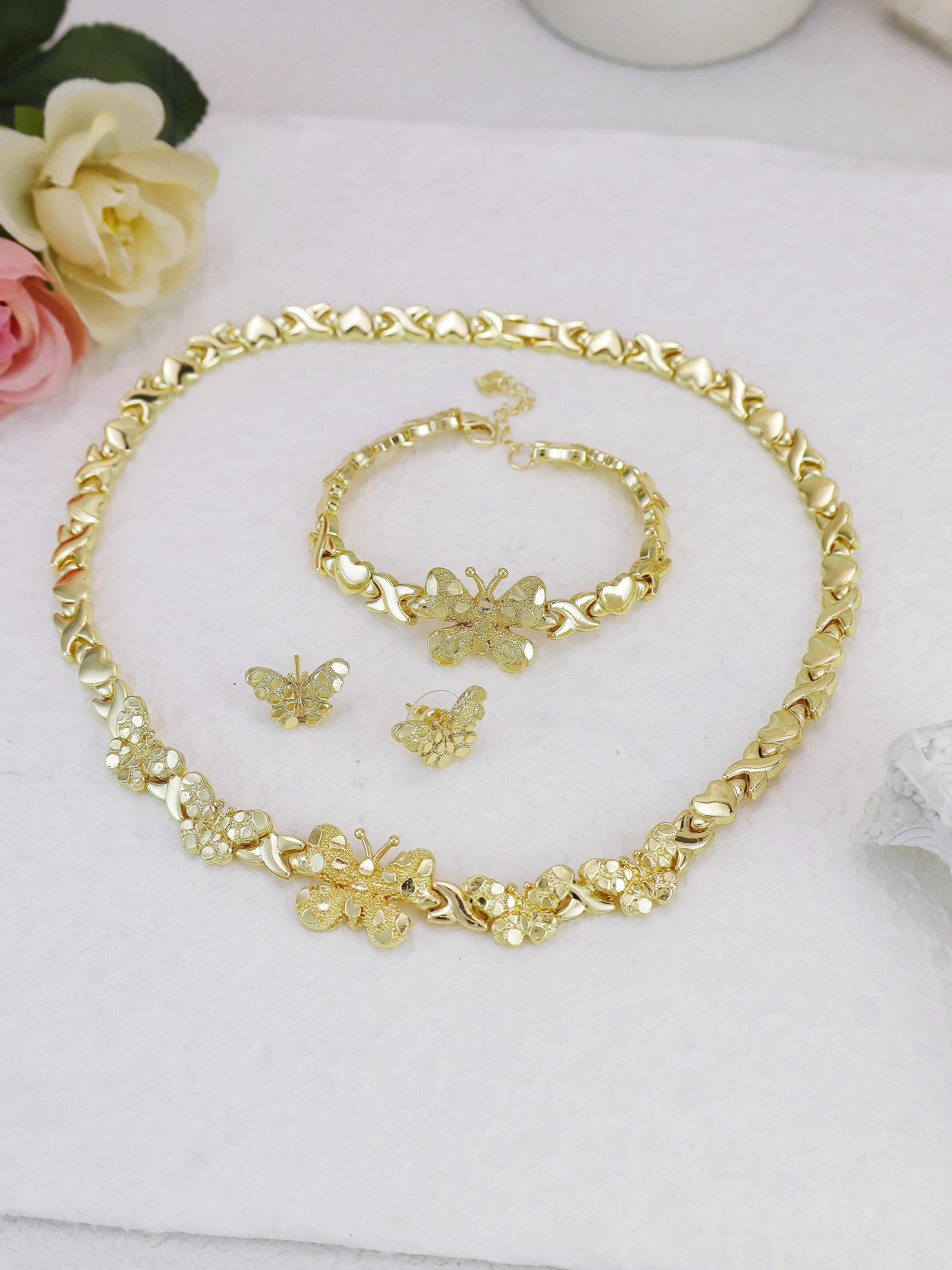 1 Set 14K Gold-Plated Necklace, Bracelet and Earrings, Fashionable Butterfly Decoration, Versatile Accessory, XOXO Heart Jewelry Set, Complete Matching Jewelry Gift, Chain Jewelry Set, Jewellery Gift Set