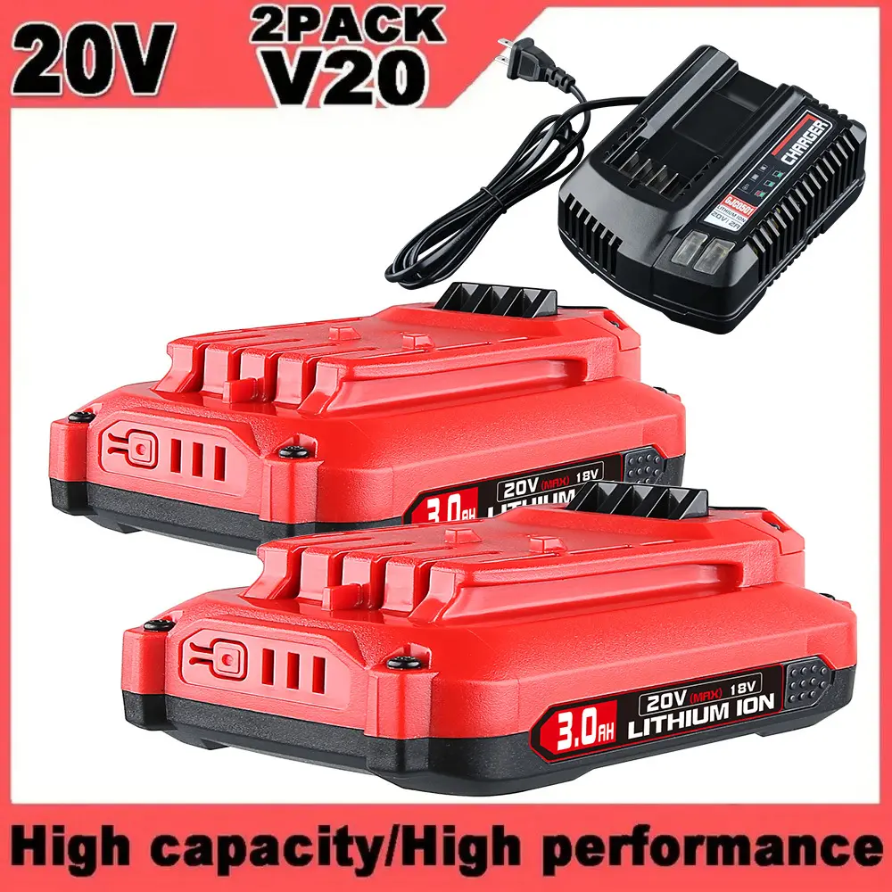 Craftsman V20 Power Tool Battery & Charger Kit (2-Pack 20Volt 3.0Ah Lithium Ion) for Craftsman Users, with LED Battery Display, Over-Charging Protection, ROHS Certified, Compatible with CMCB202, CMCB204, CMCB206, CMCB201, CMCB100, CMCB124