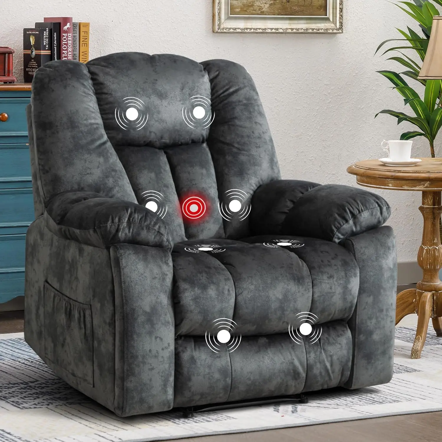Ebello Soft 40.9in Wide Overstuffed Fabric Manual Recliner Chair with Cushion - Modern Indoor Furniture, Massage & Heating Features for Living Room Lounging, Grey Fabric Accent Chair, Indoor Furniture Chair