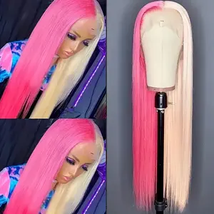 QD-Tizer Half Blonde Half Pink Wig 13x4 Lace Skunk Stripe Lace Front Wig 180 Density Pre Plucked Glueless Synthetic Heat Resistant Fiber Hair Long Straight Wigs for Women Daily, Party, Cosplay 28 Inch