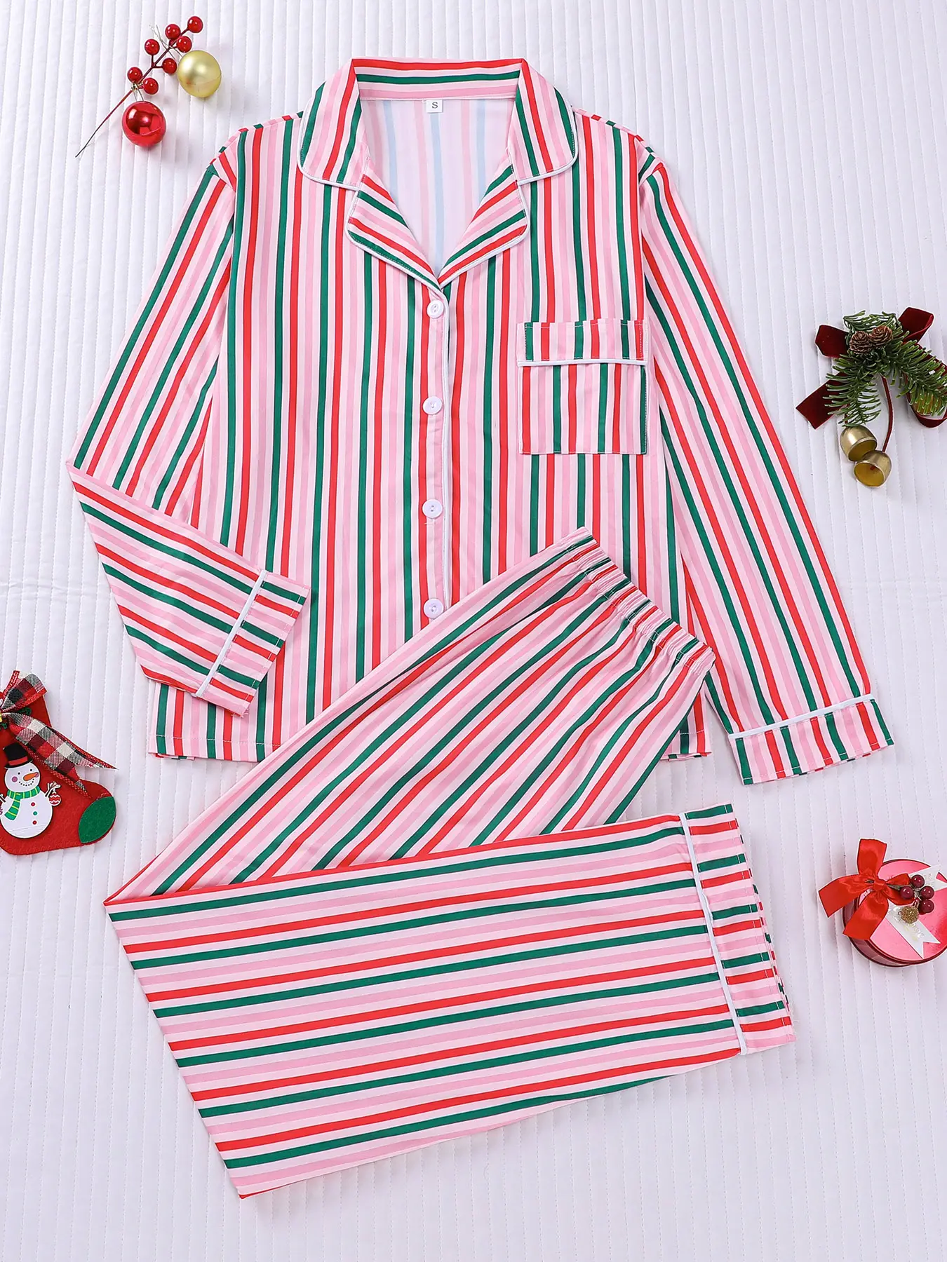 2-piece set, Women with black background, full body, colorful polka dot, tri color guitar paddle print, long sleeved pants, soft top, small pocket, button closure, elastic waistband, soft, comfortable, Casual, home, Everyday, Knit, Lightweight
