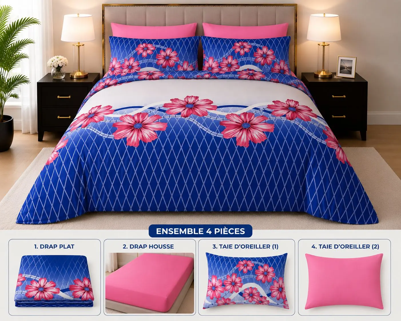 6 Piece Floral Cotton Sheet Set – 1 Flat Sheet, 1 Fitted Sheet & 4 Pillow Cases – Extra Soft – Blue/Pink