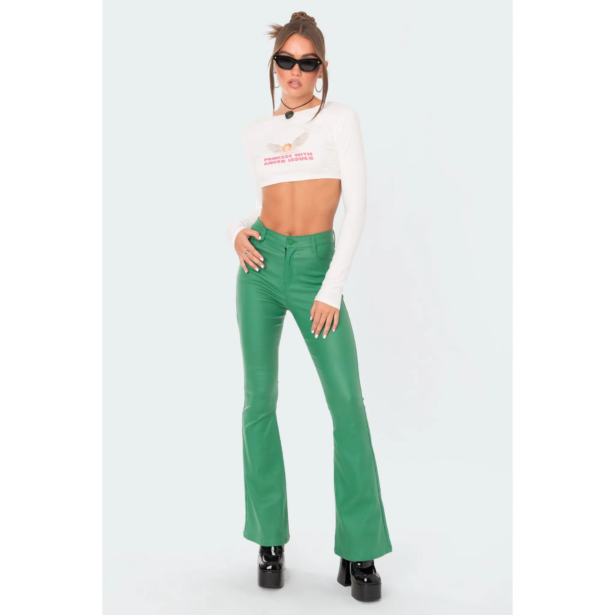 Luna Faux Leather Mid Rise Flared Jeans