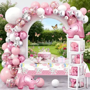 122 Piece Elephant Baby Girl Birthday Party Balloon Set, Bear, Star Aluminum, Latex, Metallic Balloons, Baby Shower Decorations