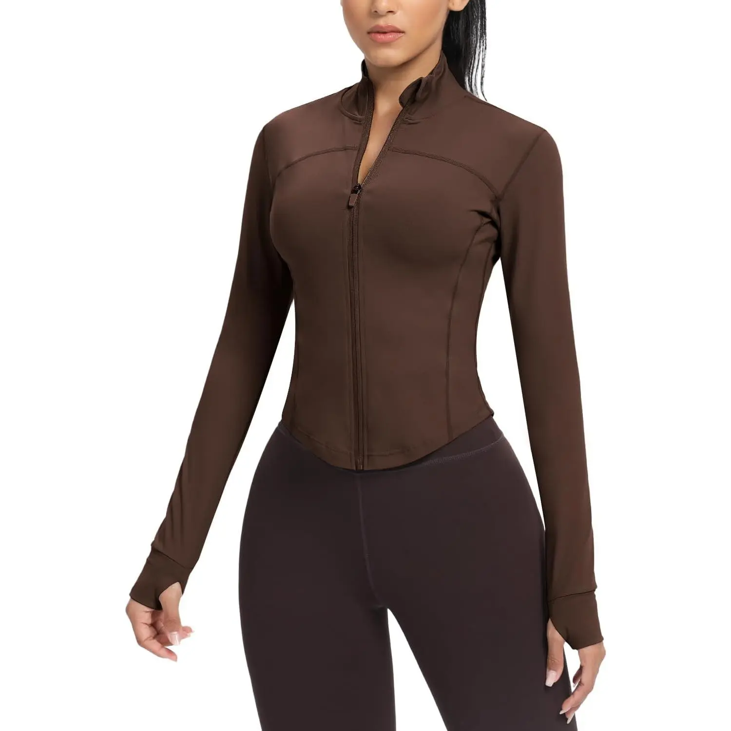 Women's Sporty Chic Cropped Running Workout Jacket - Zip-Up, Slim Fit, Sleek Contemporary Athletic Top with Thumb Holes, Java Cropped Long Sleeve Sports T-Shirt