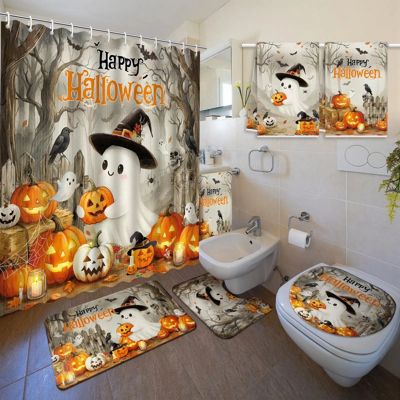 6 Pcs Halloween Bathroom Decor Cute Ghost Pumpkin Shower Curtain Set with Non Slip Rug & Toilet Lid Cover & Waterproof Bath Mat Restroom Shower Accessories Haunted Spooky House Decor Halloween Decorations Halloween Party Supplies Halloween Finds