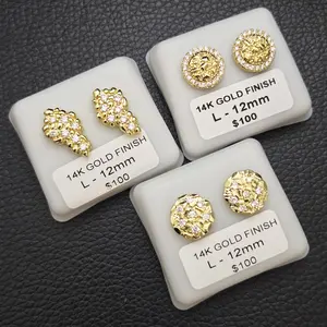 MaxBling81 3PCS Brass High-End 14K Gold Finished Cubic Zirconia Nugget Style Earrings Iced Stud Statement Earrings, Unisex Fashion Costume Jewelry